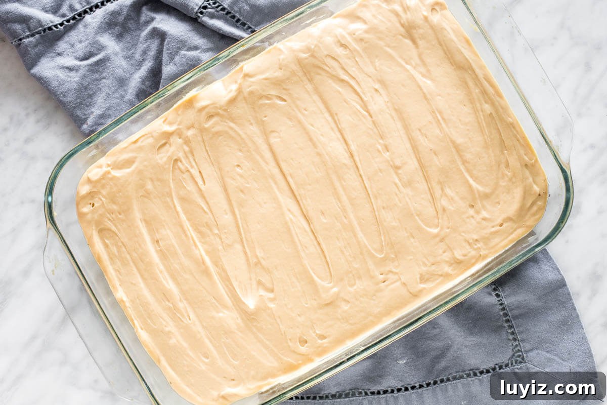 Peanut Butter Cheesecake Bars Recipe — Creamy No-Bake Dessert 4 Unbaked pan of peanut butter cheesecake