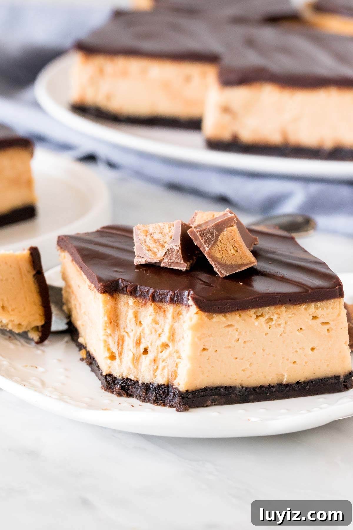 Peanut Butter Cheesecake Bars Recipe — Creamy No-Bake Dessert 6 Slice of peanut butter cheesecake bars topped with chocolate and peanut butter cups.