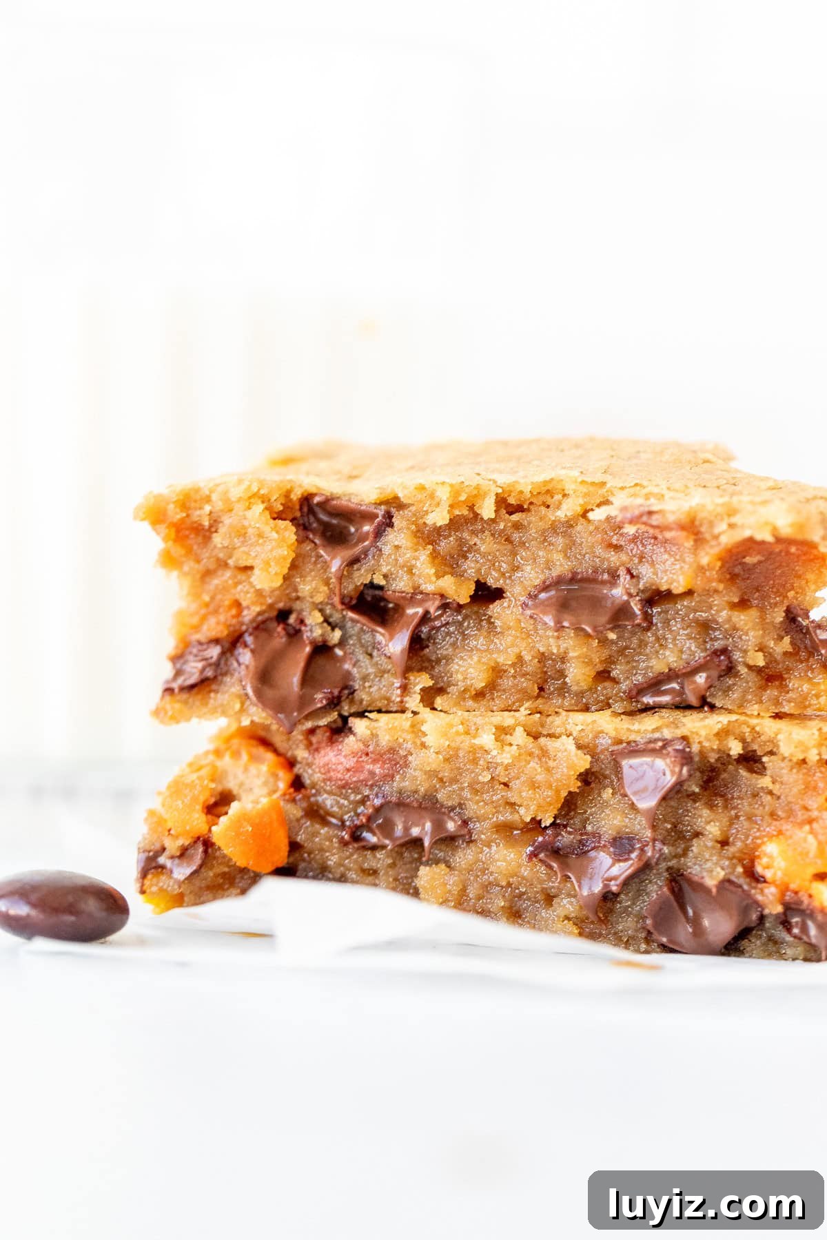Chewy Peanut Butter Blondies with Salted Caramel Drizzle 5 Peanut butter blondie with chocolate chips and Reese's Pieces broken in half