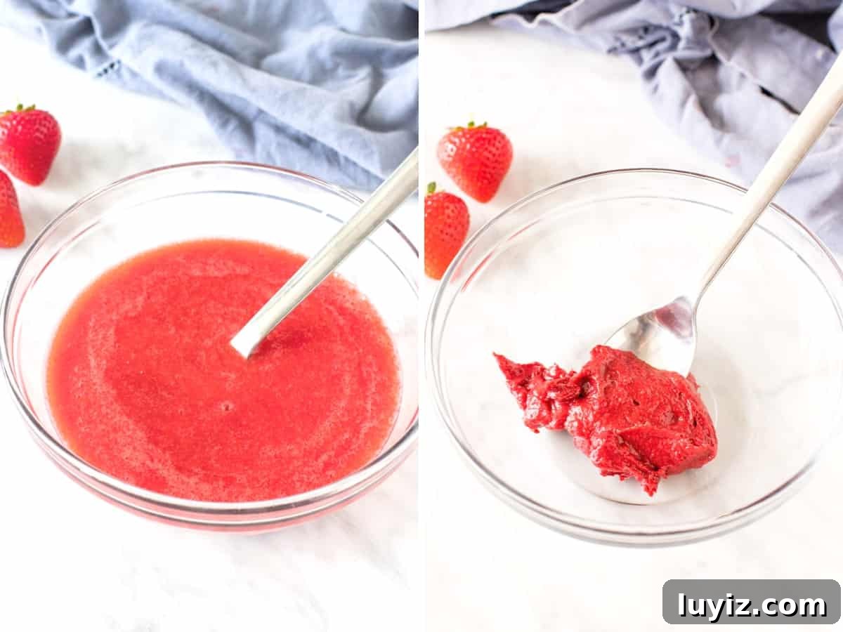 Strawberry Buttercream Frosting Made with Fresh or Frozen Berries 5 Bowl of strawberry puree and bowl of reduced strawberry puree