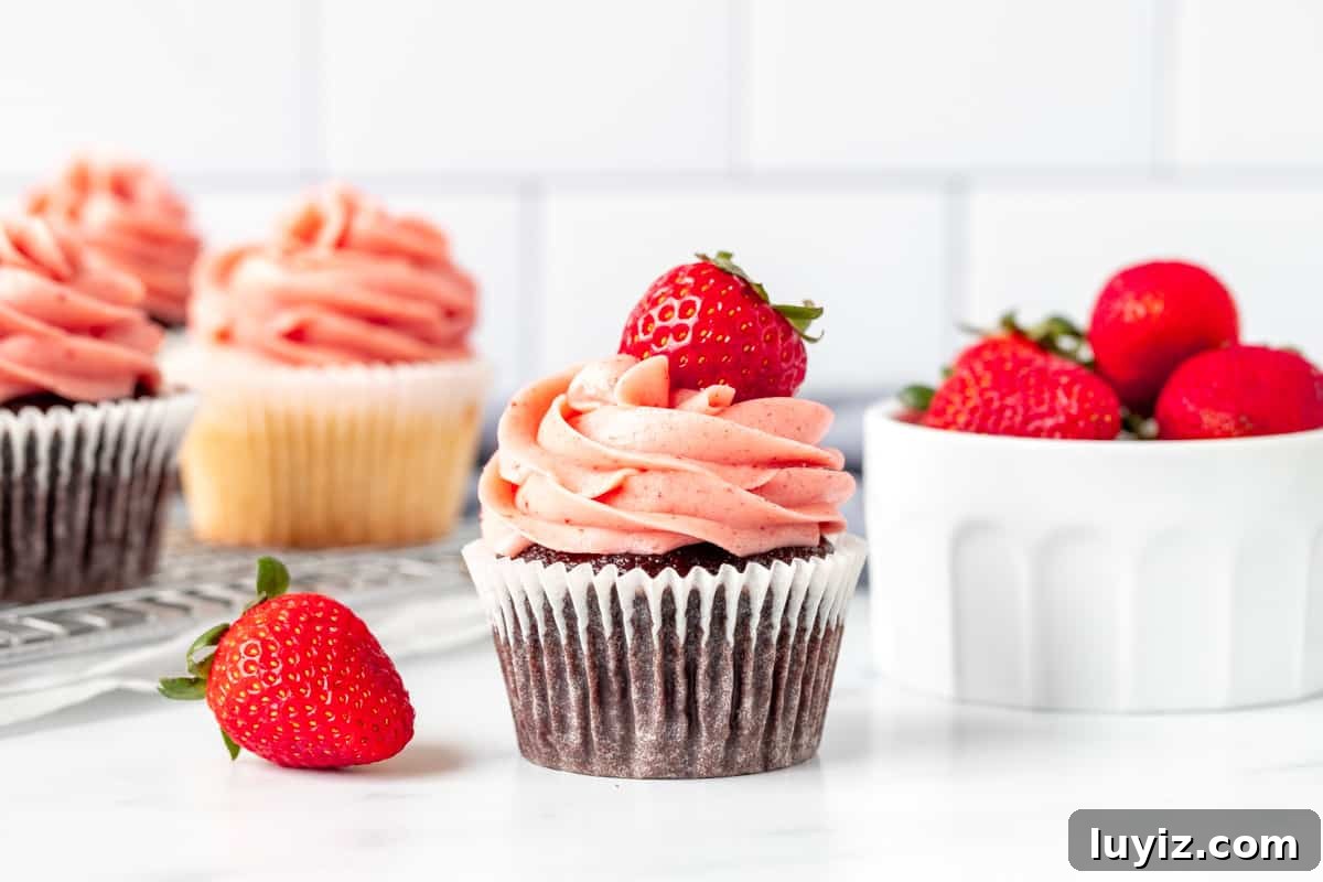 Strawberry Buttercream Frosting Made with Fresh or Frozen Berries 7 Chocolate cupcake with strawberry frosting