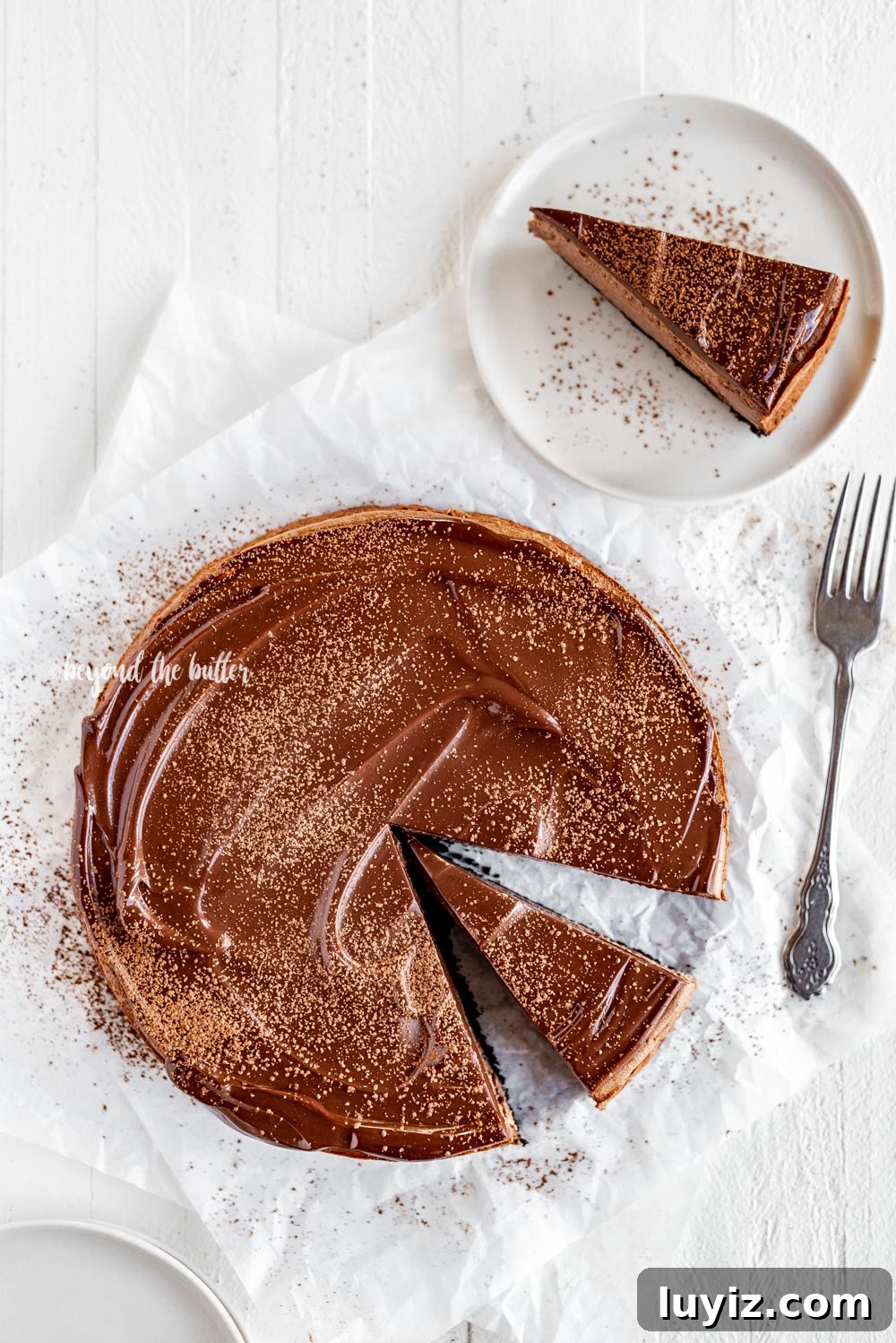Triple Chocolate Mocha Cheesecake Recipe — Decadent Espresso Chocolate Cheesecake 9 Overhead image of Triple Chocolate Mocha Cheesecake dusted with cocoa and a slice removed set on a dessert plate with a fork | All Images © Beyond the Butter, LLC