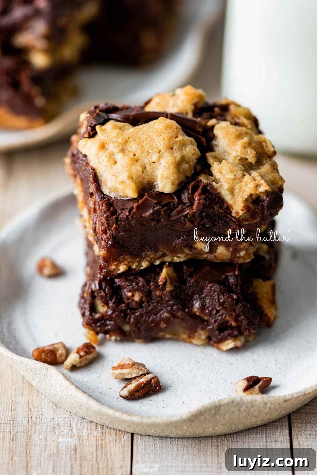 Homemade Fudge Nut Bars Recipe — Rich Chocolate Nut Squares 4 Two fudge nut bars stacked on top of one another and placed on a scalloped edge ceramic dessert plate with a light wood background.