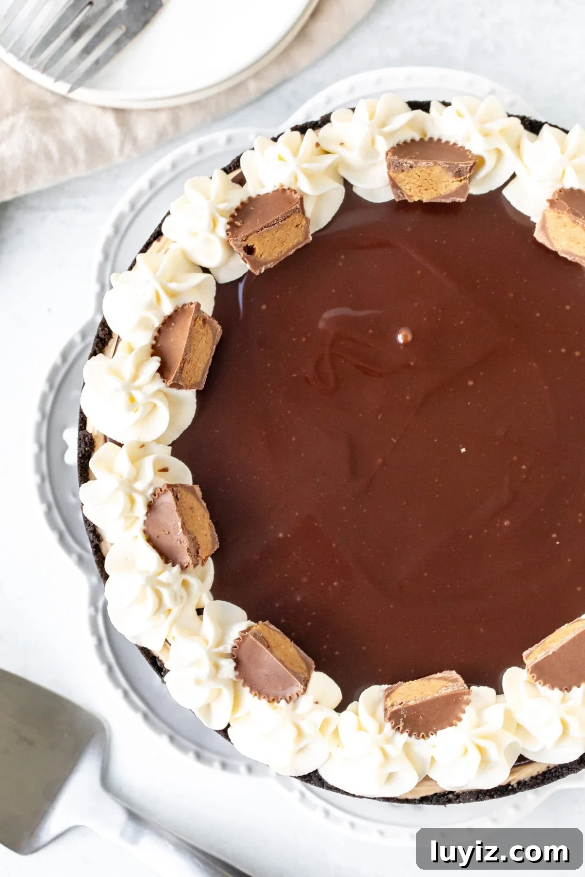 No-Bake Peanut Butter Cheesecake Recipe — Creamy No-Bake Slice 3 Round no bake peanut butter cheesecake topped with chocolate ganache and whipped cream and peanut butter cups around the edges