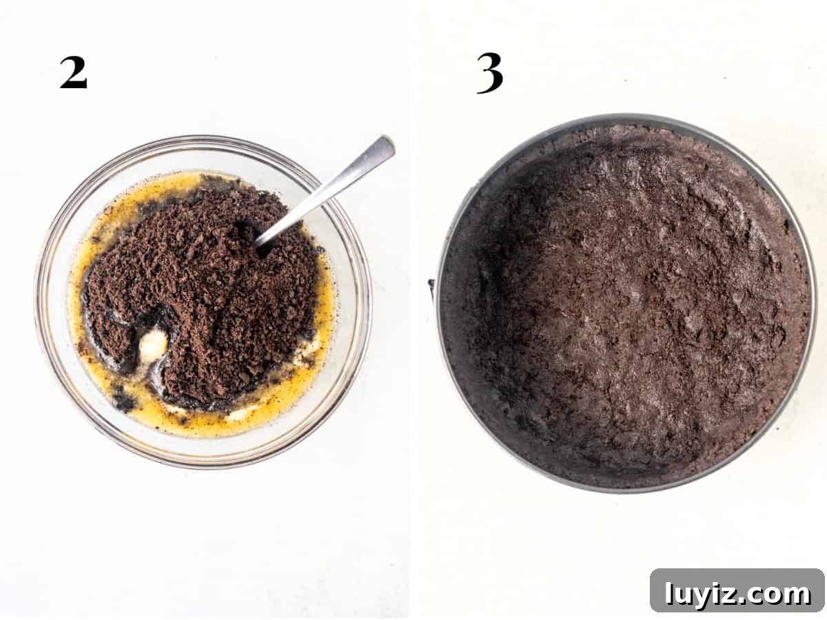 No-Bake Peanut Butter Cheesecake Recipe — Creamy No-Bake Slice 4 Bowl of Oreo cookie crumbs and melted butter, and springform pan with Oreo crust.