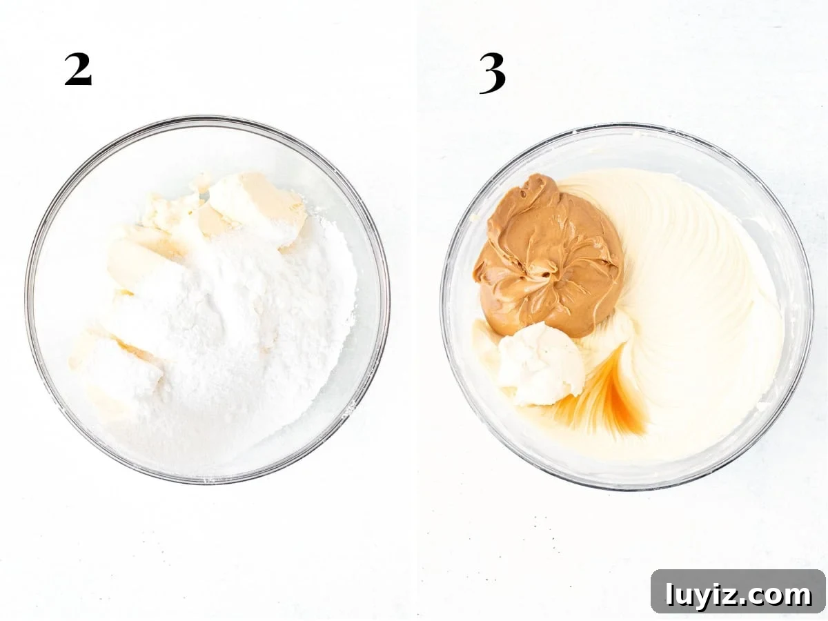 No-Bake Peanut Butter Cheesecake Recipe — Creamy No-Bake Slice 5 Bowl of cream cheese and powdered sugar, and bowl of cream cheese and powdered sugar beaten together with sour cream, peanut butter and vanilla added to the bowl.