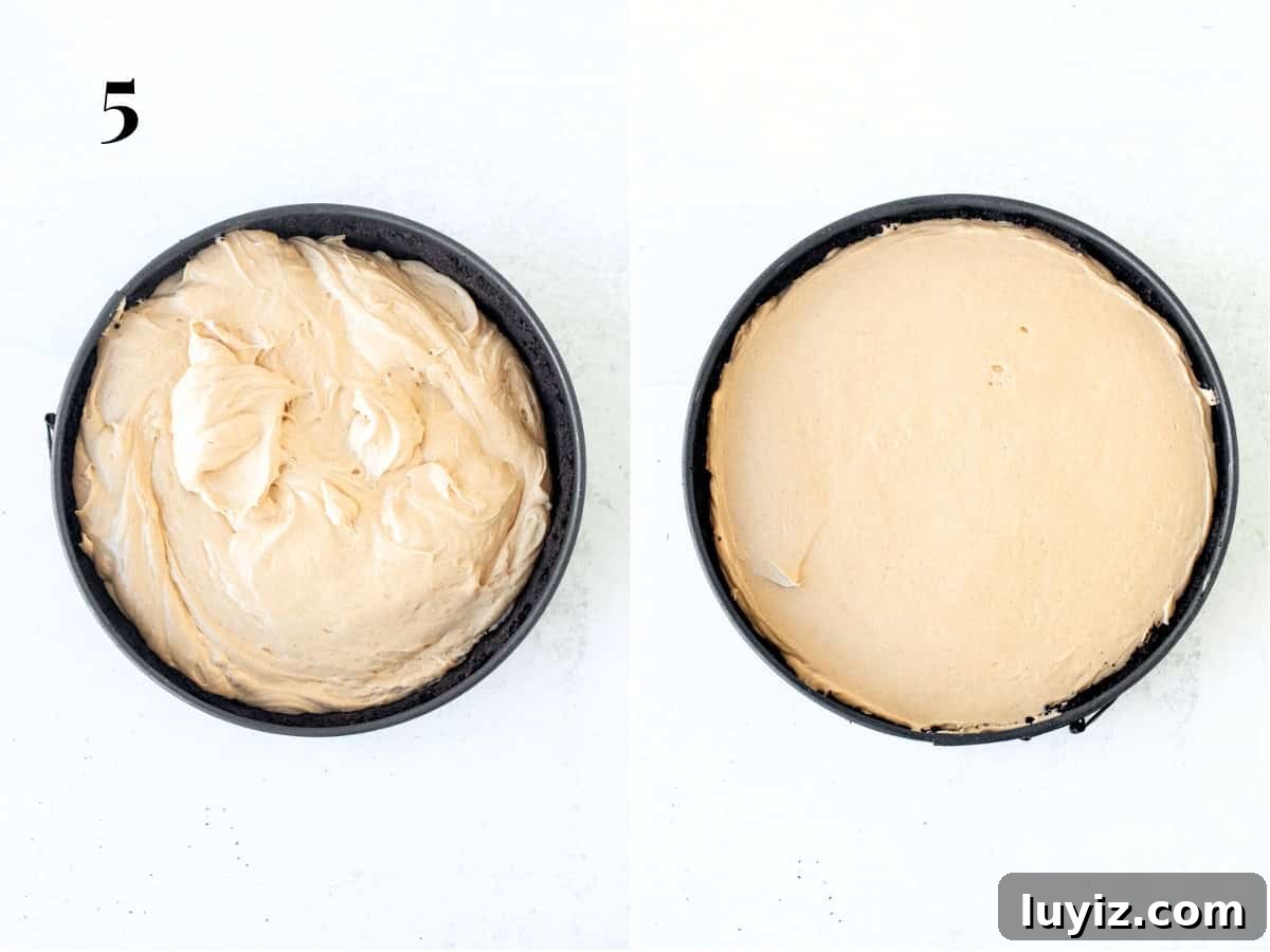 No-Bake Peanut Butter Cheesecake Recipe — Creamy No-Bake Slice 7 No bake peanut butter cheesecake filling added to pan with crust, and no bake peanut butter cheesecake with the top smoothed