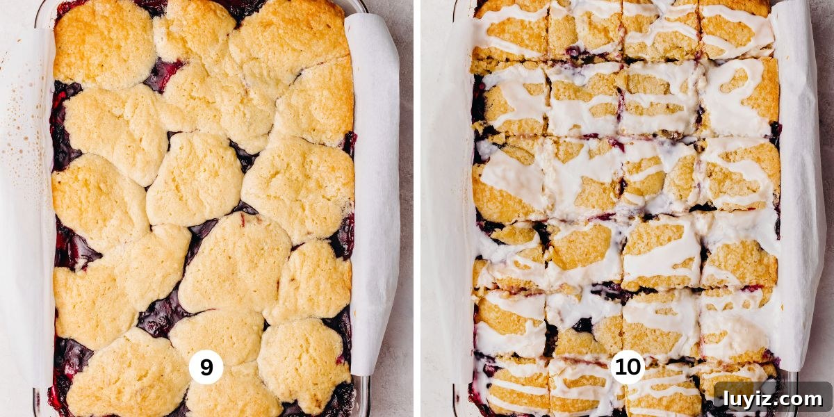 Blueberry Swirl Coffee Cake Recipe with Streusel Topping 12 Blueberry swirl coffee cake baked in a glass baking dish, sliced, and drizzled with a glaze.