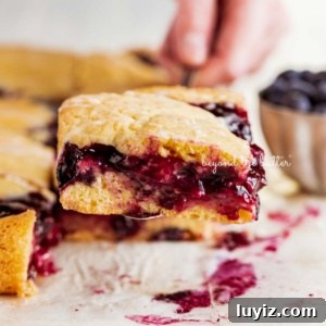 Blueberry Swirl Coffee Cake Recipe with Streusel Topping 18 Serving a slice of freshly baked blueberry swirl coffee cake on wood table.