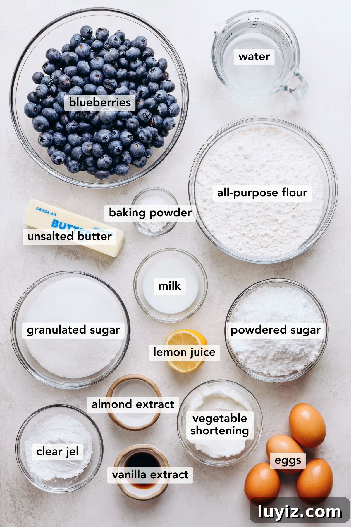Blueberry Swirl Coffee Cake Recipe with Streusel Topping 4 Ingredients in various size bowls and plates labeled as blueberries, water, unsalted butter, baking powder, granulated sugar, lemon juice, powdered sugar, clear jel, eggs, vanilla extract, and vegetable shortening, almond extract on a white marbled background.