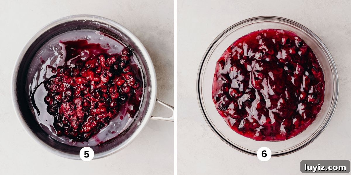 Blueberry Swirl Coffee Cake Recipe with Streusel Topping 7 Making homemade blueberry pie filling in a large saucepan then letting it cool in a glass bowl.