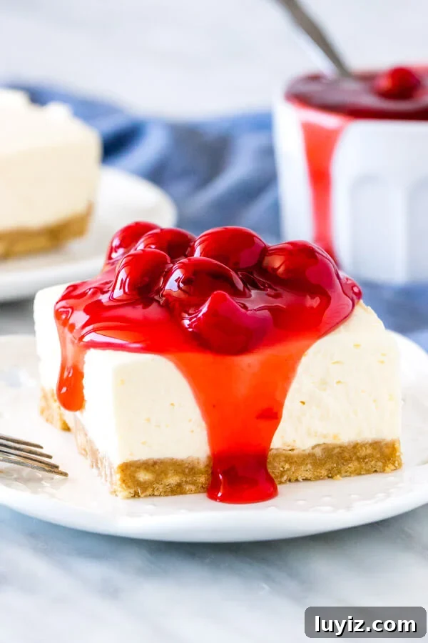 No-Bake Cherry Cheesecake Bars Recipe for Summer Treats 2 A slice of no bake cheesecake with cherry pie topping.