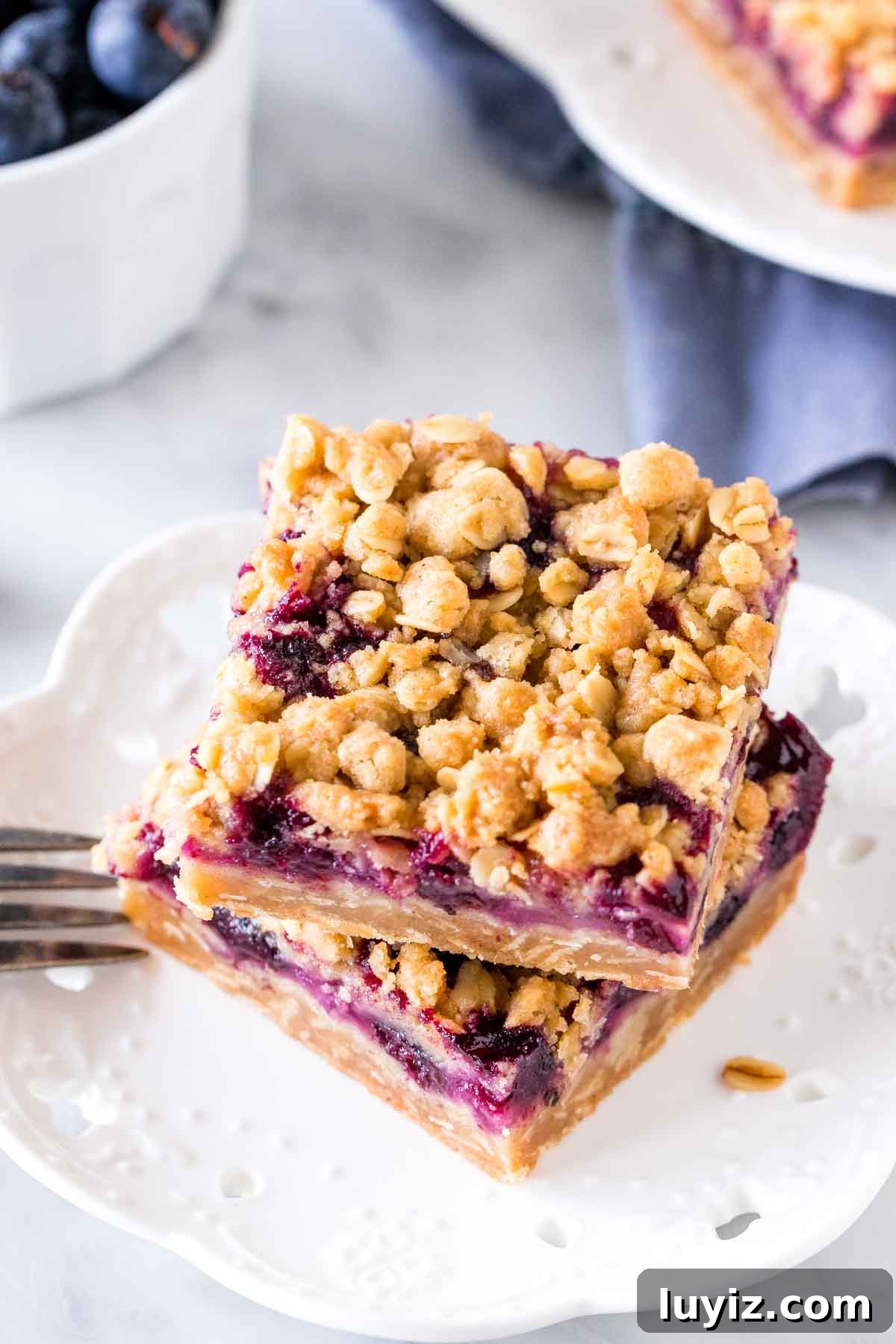 2 blueberry bars stacked on top of each other on a plate.