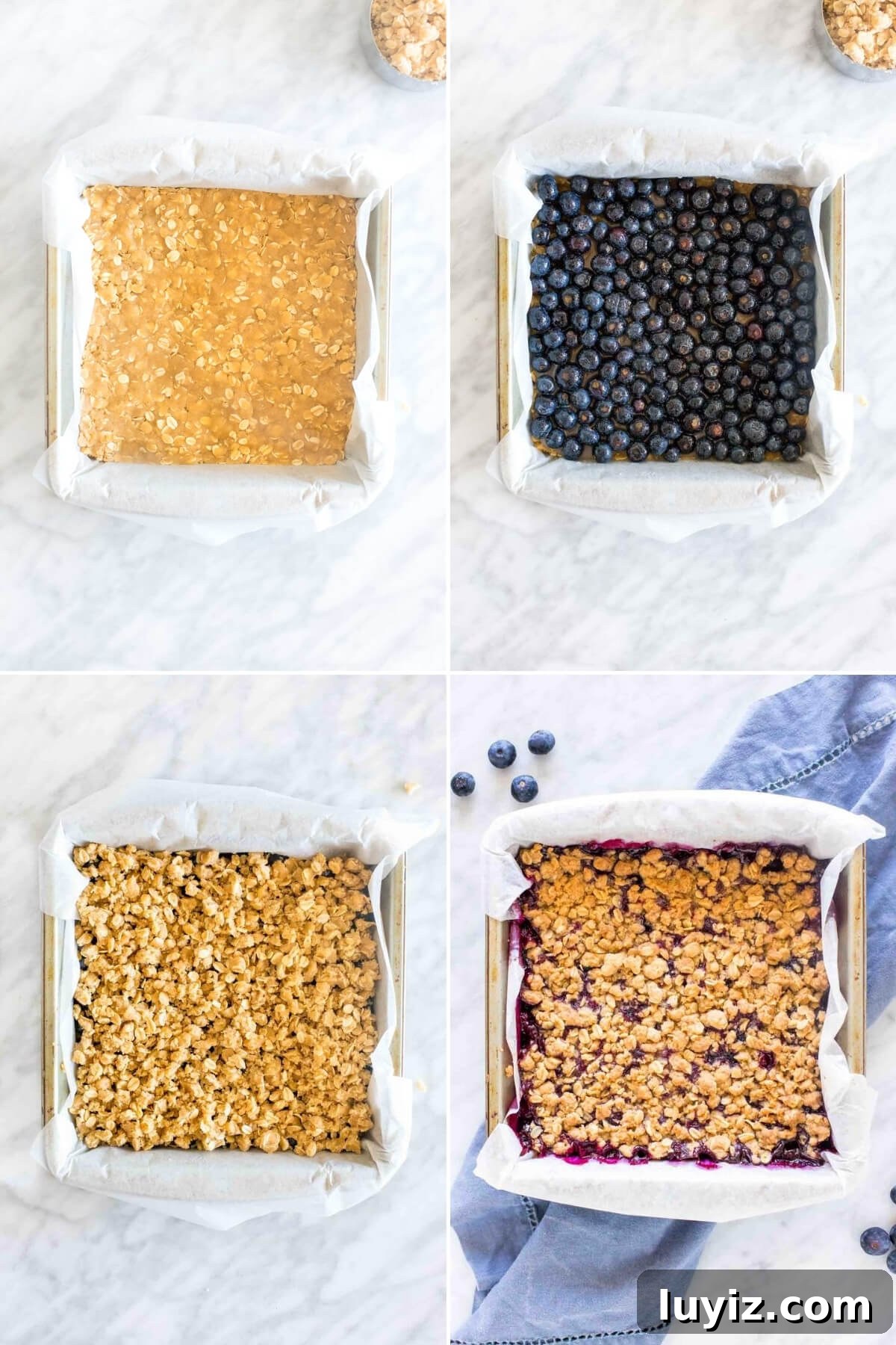 Blueberry Oat Crumble Bars for Breakfast or Snacks 4 Collage of 4 photos - how to make blueberry bars.