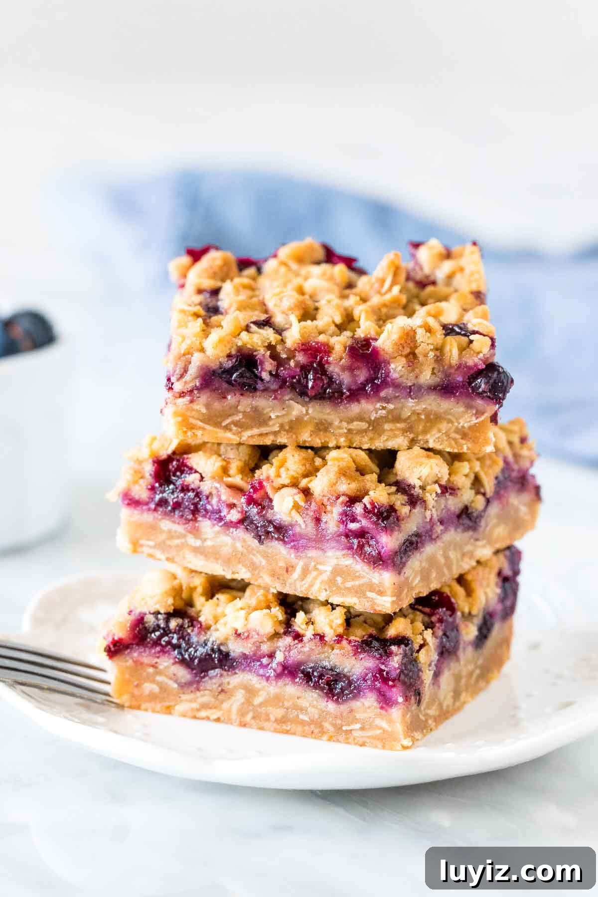 Blueberry Oat Crumble Bars for Breakfast or Snacks 5 Stack of 3 blueberry oatmeal crumb bars on a plate.
