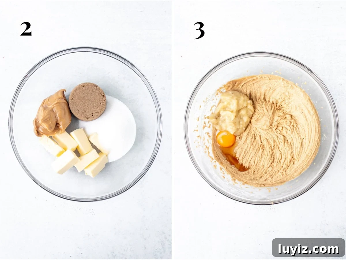 Peanut Butter Banana Chocolate Chip Cookies Recipe for Chewy Treats 4 Bowl of butter, sugars and peanut butter, and bowl of butter, sugars and peanut butter creamed together with egg yolk, mashed banana and vanilla added