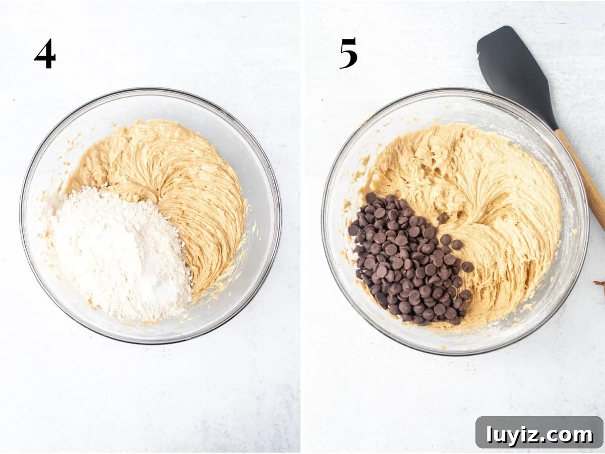 Peanut Butter Banana Chocolate Chip Cookies Recipe for Chewy Treats 5 Bowl of cookie dough with dry ingredients added and bowl of cookie dough with chocolate chips