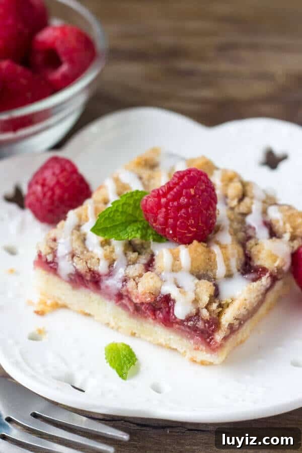 Chewy Raspberry Crumble Bars with Oat Streusel 2 Raspberry Crumble Bars. These Raspberry Crumble Bars are filled with juicy berries, crunchy crumble & have a delicious hint of cinnamon. Delicious with a spoonful of vanilla ice cream, or a drizzle of vanilla glaze!