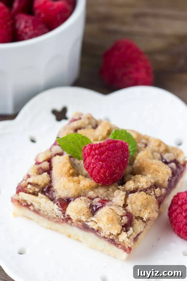 Chewy Raspberry Crumble Bars with Oat Streusel 4 Raspberry Crumble Bars. These Raspberry Crumble Bars are filled with juicy berries, crunchy crumble & have a delicious hint of cinnamon. Delicious with a spoonful of vanilla ice cream, or a drizzle of vanilla glaze!