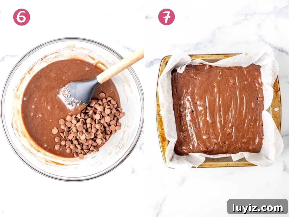 Decadent Milk Chocolate Brownies Recipe — Rich, Gooey Squares 6 Bowl of brownie batter with chocolate chips and pan of brownie batter
