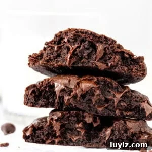 Bakery-Style Double Chocolate Chip Cookies Recipe 12 double chocolate cookies broken in half and stacked