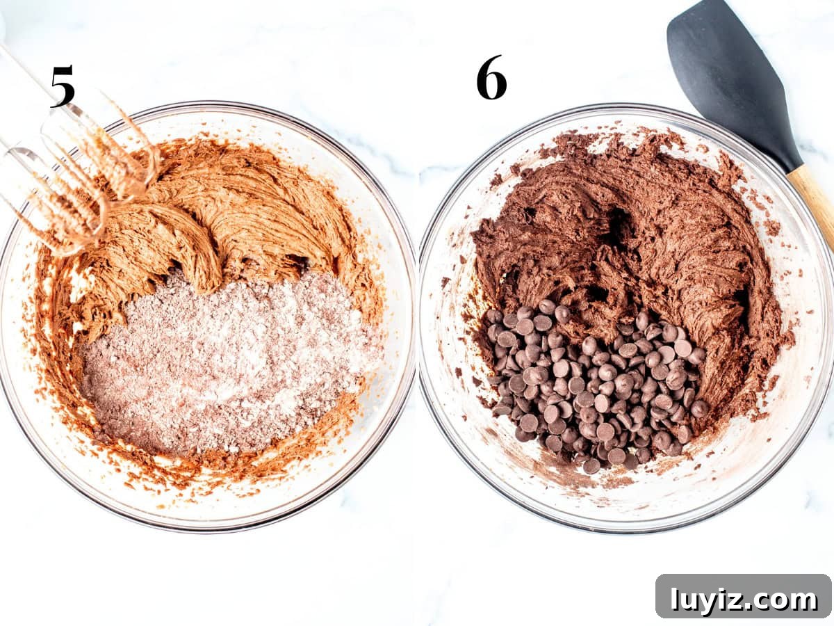Bakery-Style Double Chocolate Chip Cookies Recipe 6 Dry ingredients added and chocolate chips folded into dough