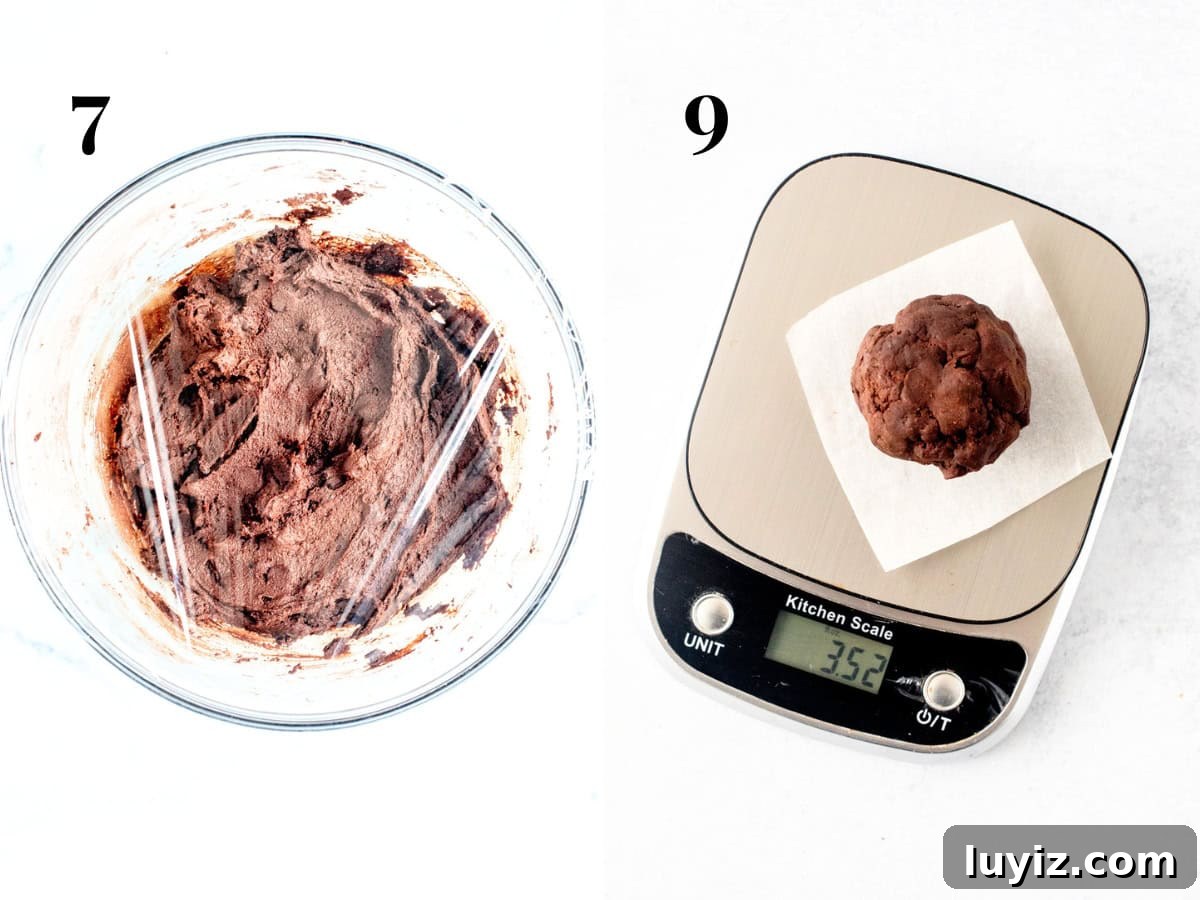 Bakery-Style Double Chocolate Chip Cookies Recipe 7 Chilled dough and dough ball on scale