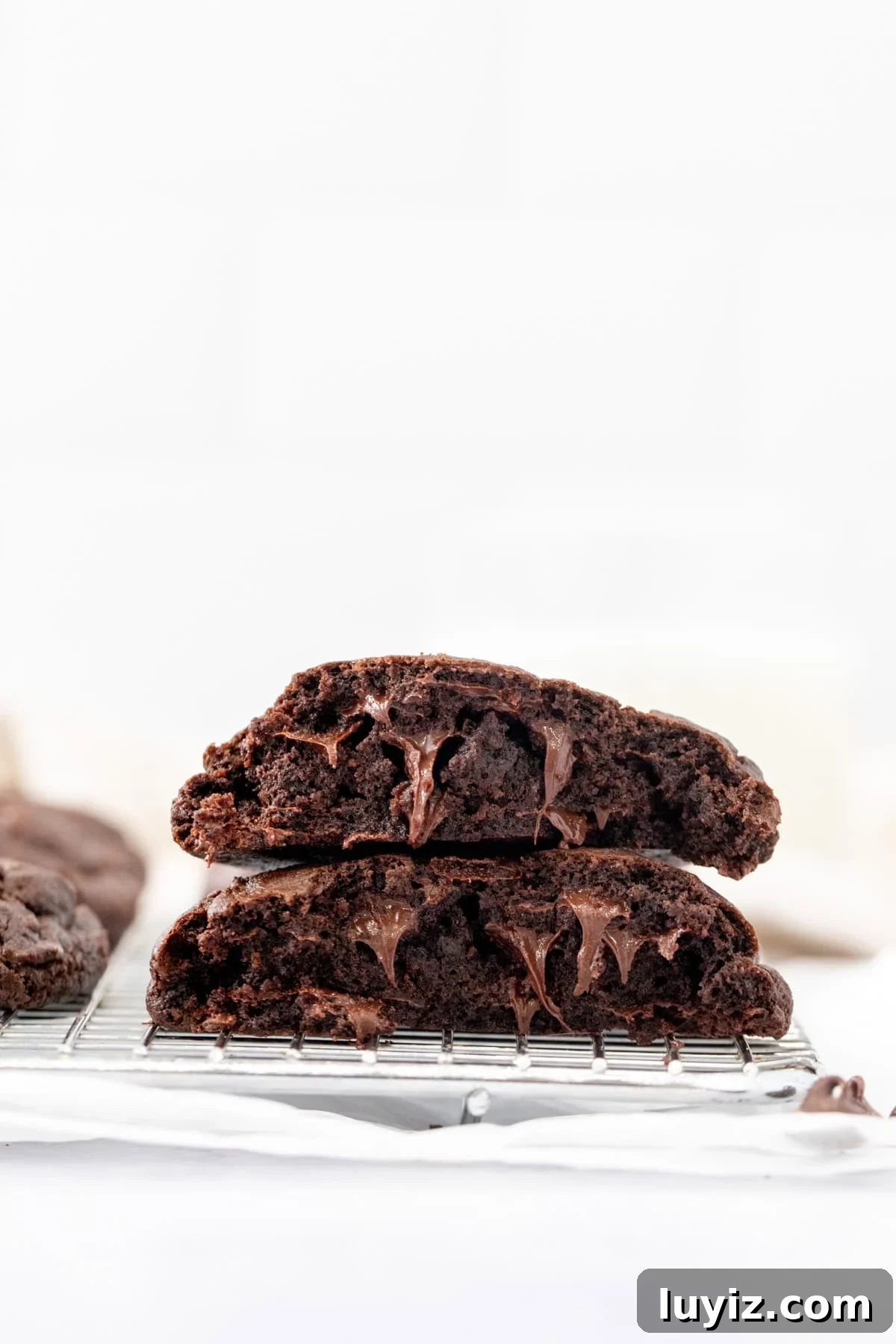 Bakery-Style Double Chocolate Chip Cookies Recipe 9 Thick double chocolate cookie broken in half
