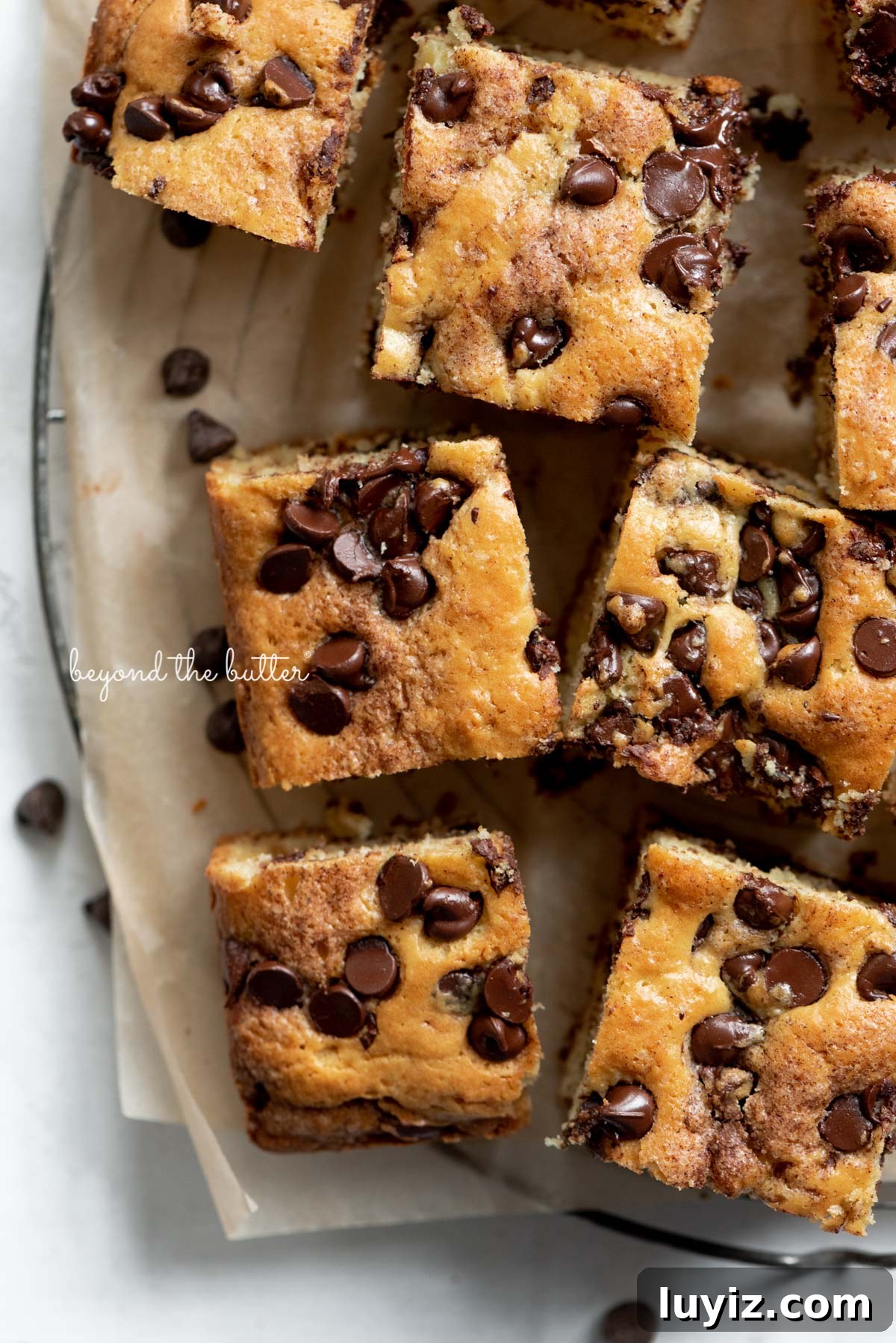 Moist Chocolate Chip Sour Cream Coffee Cake Recipe 5 Chocolate chip sour cream coffee cake on brown parchment paper lined wire cooling rack | © Beyond the Butter®