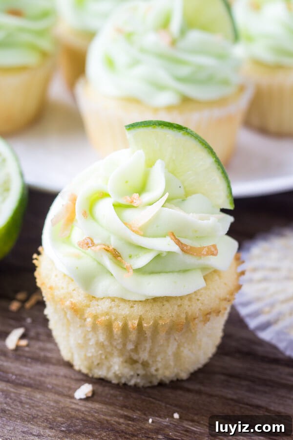 Coconut Cupcakes with Zesty Lime Buttercream Frosting 5 Coconut cupcake with lime frosting & toasted coconut - Muffin paper removed.