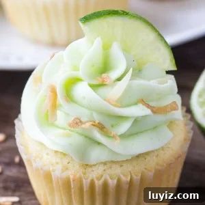 Coconut Cupcakes with Zesty Lime Buttercream Frosting 7 One coconut cupcake with lime frosting, toasted coconut & a slice of lime. www.justsotasty.com