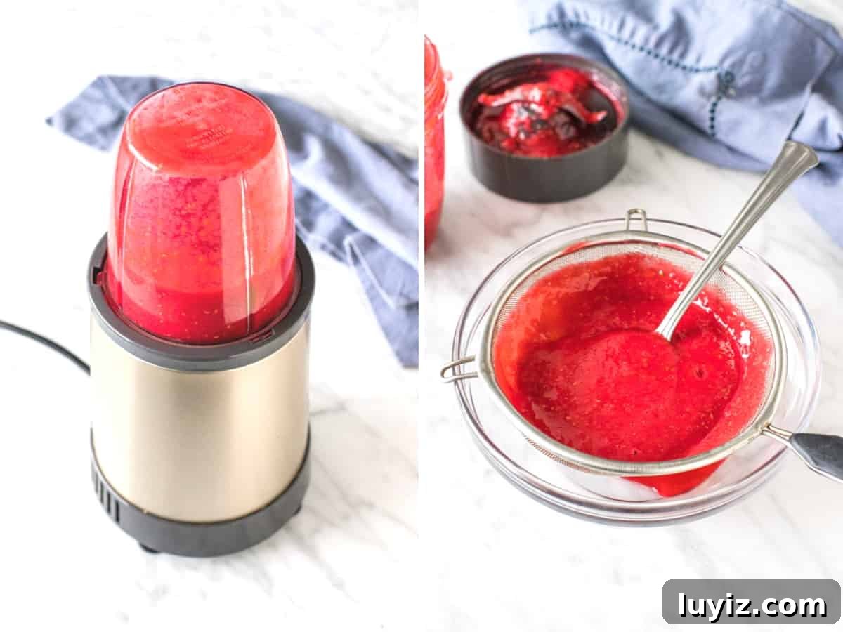 Raspberry Buttercream Frosting: Fresh vs Frozen Berries for Flavor 3 Blender of raspberries and raspberry puree poured through a sifter into a bowl