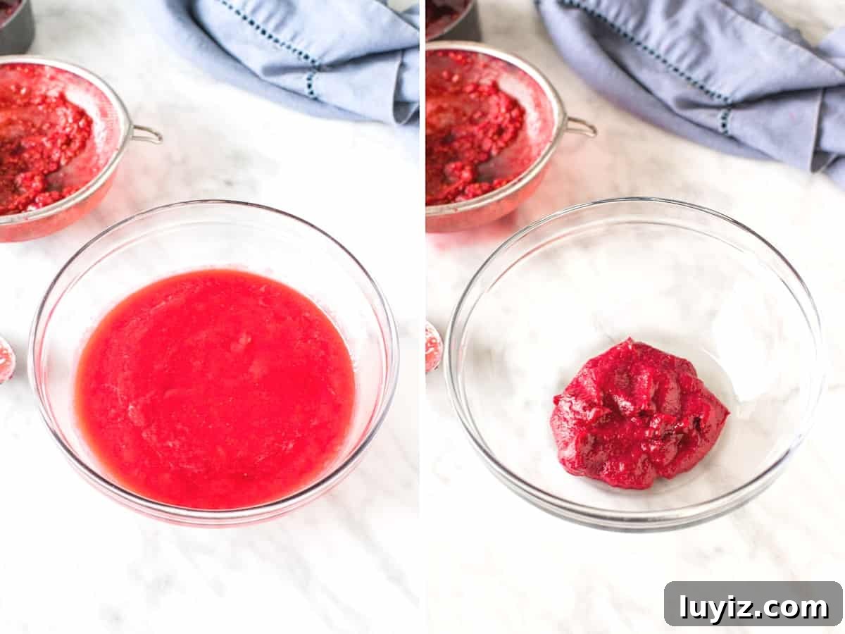 Raspberry Buttercream Frosting: Fresh vs Frozen Berries for Flavor 4 Bowl of raspberry puree and bowl of puree after being boiled down.