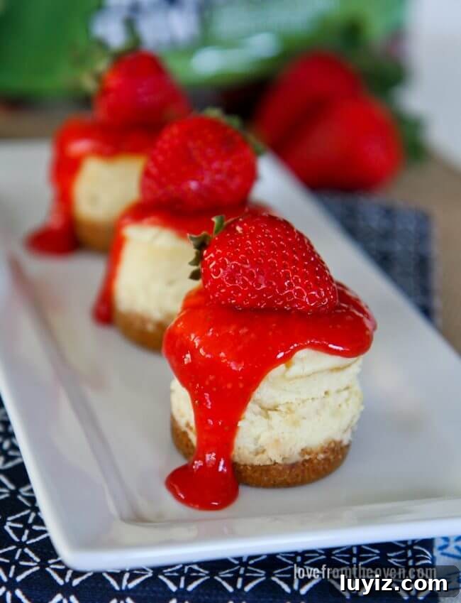 How to Make Cheesecake: Complete Guide for Perfect Results 7 Three mini strawberry cheesecakes on a white rectangular plate.