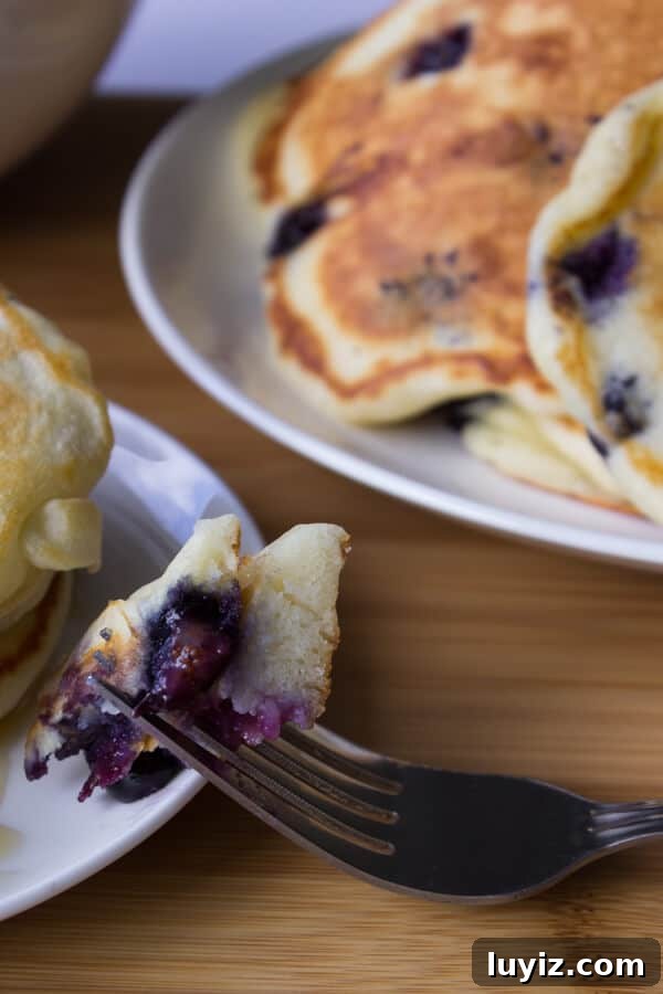 Blueberry Buttermilk Pancakes Recipe for Fluffy Homemade Pancakes 3 Blueberry Buttmilk Pancakes. Light, fluffy and bursting with blueberries - these pancakes are so much better than any mix! www.justsotasty.com