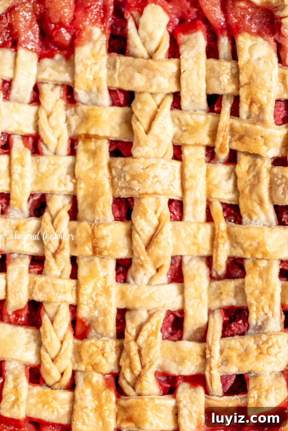 Classic Strawberry Rhubarb Pie Recipe for Perfect Spring Baking 3 Close up image of lattice strawberry rhubarb pie crust.