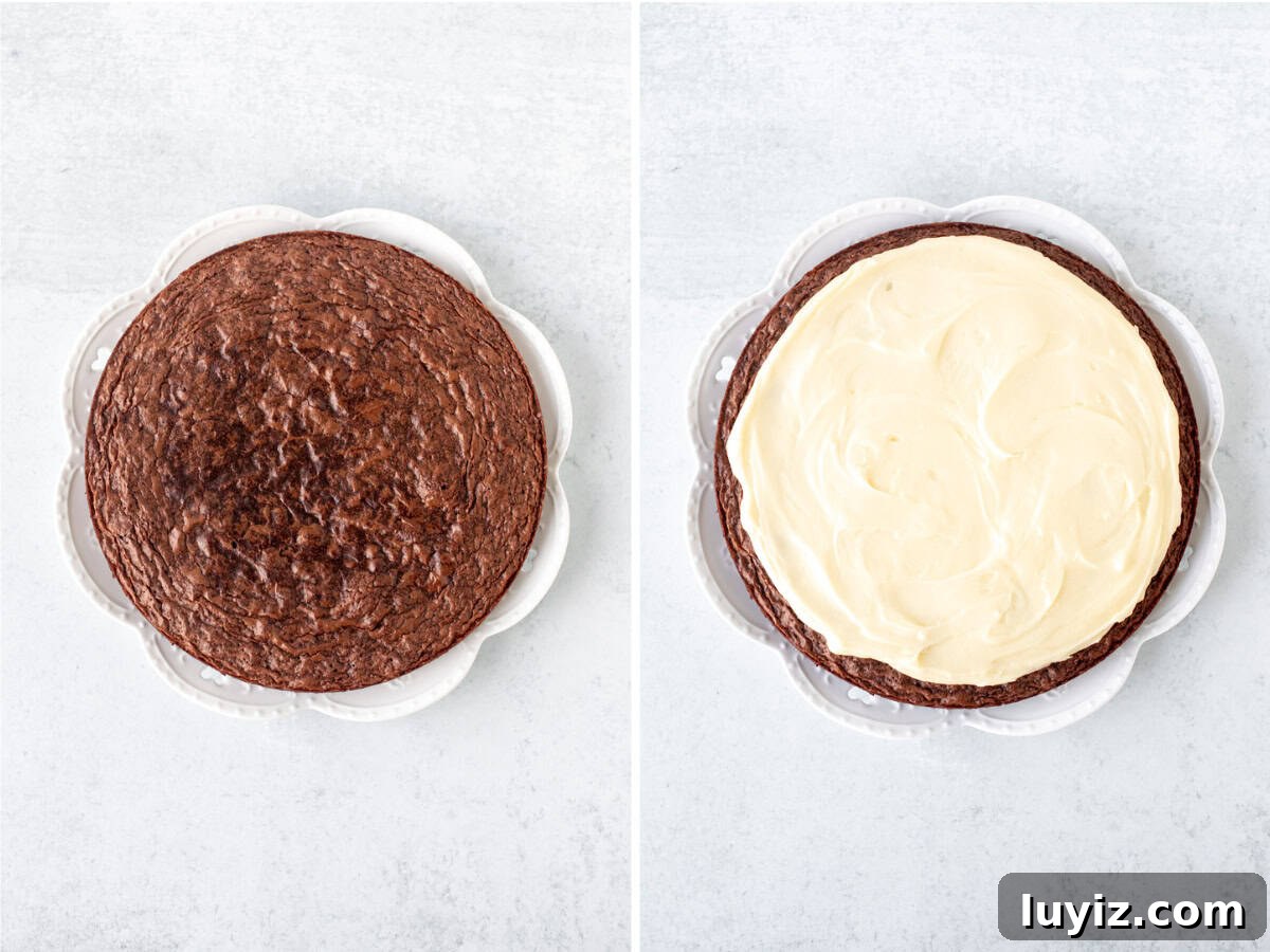 Decadent Brownie Fruit Pizza Recipe with Fresh Berries 5 Round brownie on a white plate, and chocolate brownie on a white plate with cream cheese frosting