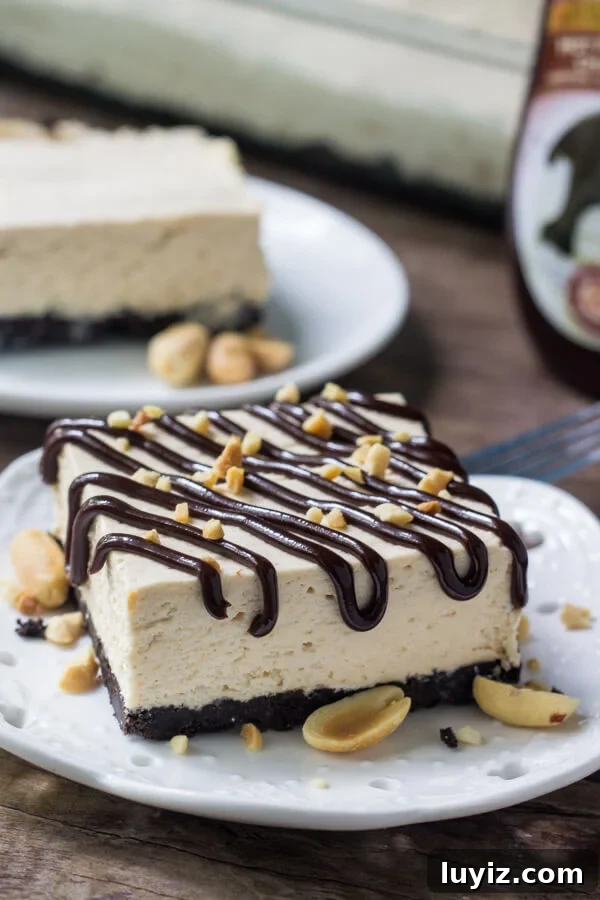 Drumstick Peanut Butter Ice Cream Cake Recipe 4 Side view shot of a slice of drumstick cake on a white plate. With a fork, bottle of hot fudge sauce, second slice of cake and pan of full cake in the background.