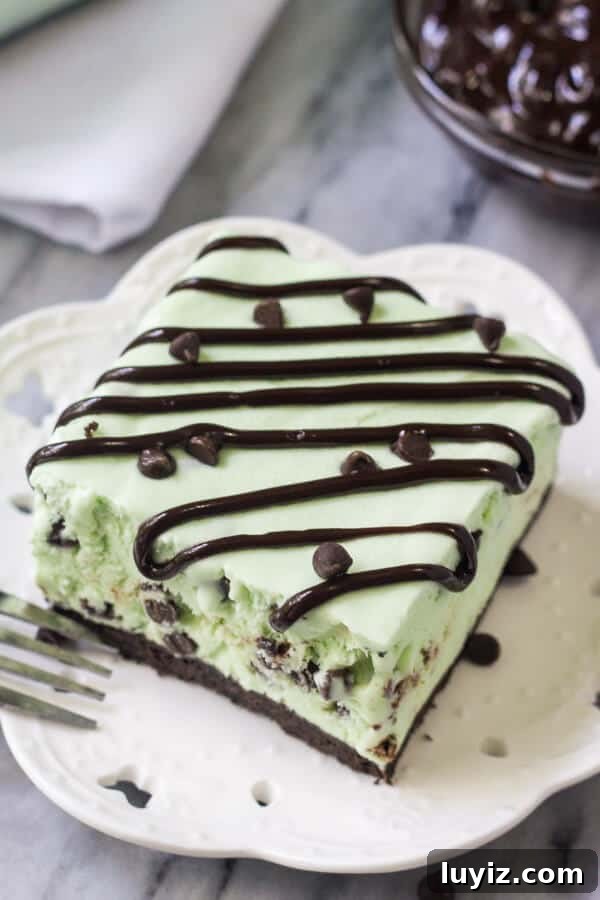No-Churn Mint Chip Ice Cream Cake Recipe 2 Overhead side angle shot of a slice of mint chip ice cream cake drizzled with fudge sauce. White napkin in the background