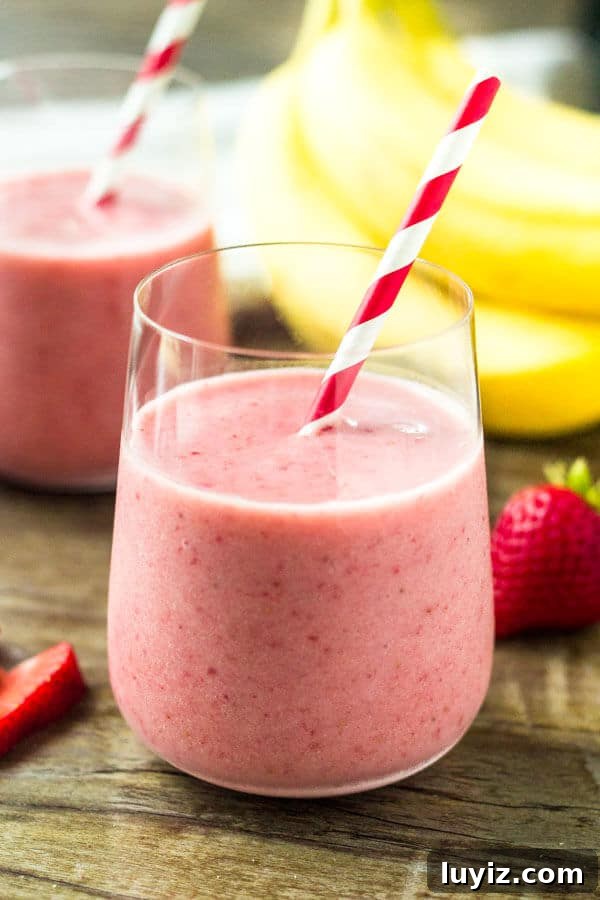 Creamy Strawberry Banana Smoothie Recipe for Breakfast and Snacks 2 This strawberry banana smoothie is thick, creamy and filled with delicious strawberry flavor. It's made with only 3 ingredients, and you can use fresh or frozen berries.