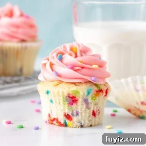 Funfetti Sprinkle Cupcakes: Classic Celebration Cupcake Recipe 5 Sprinkle cupcake with vanilla frosting with paper removed