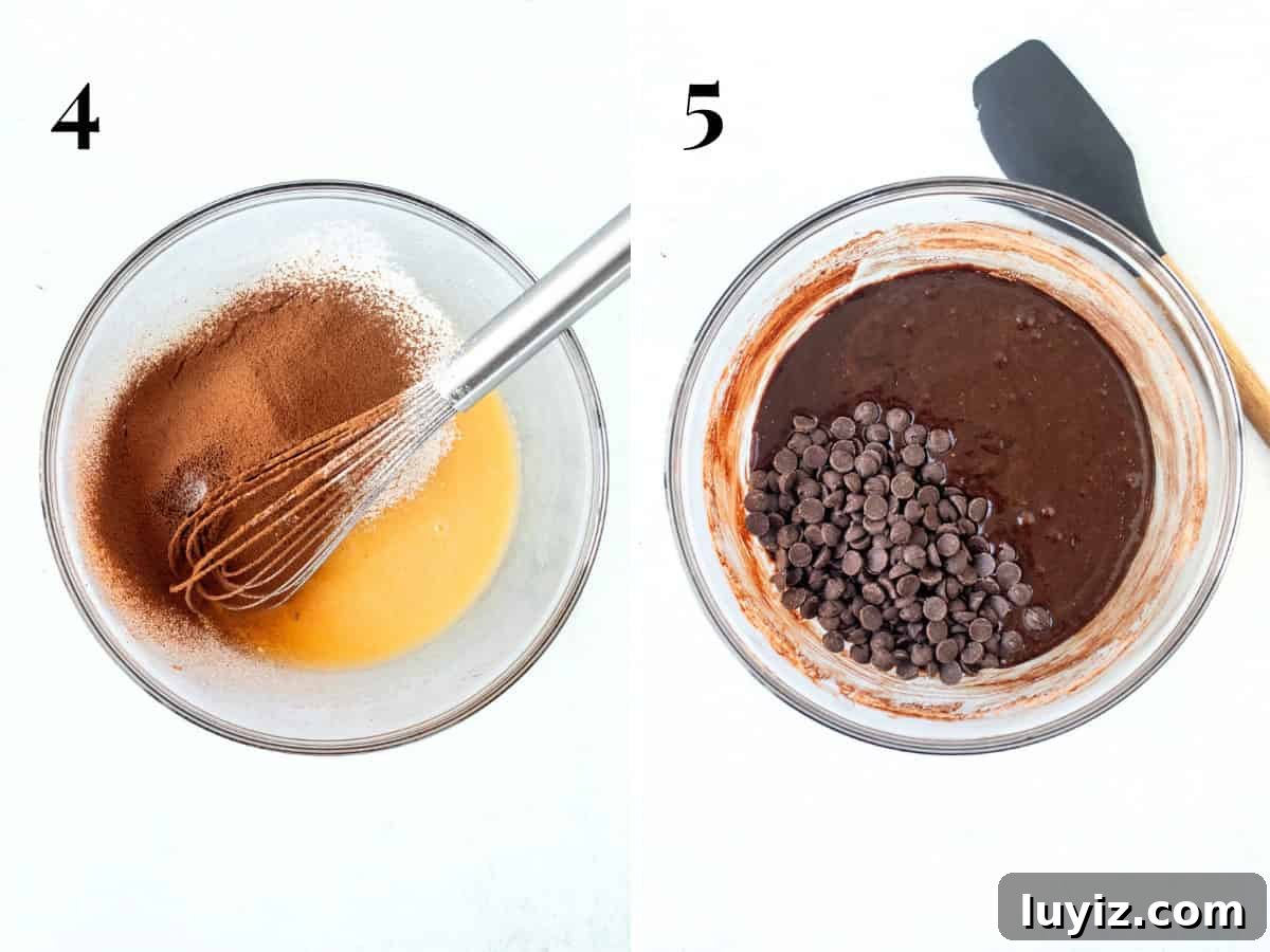 One-Bowl Chewy Fudge Brownies Recipe 4 Bowl of brownie batter with cocoa and flour added into the bowl, and bowl of brownie batter with chocolate chips