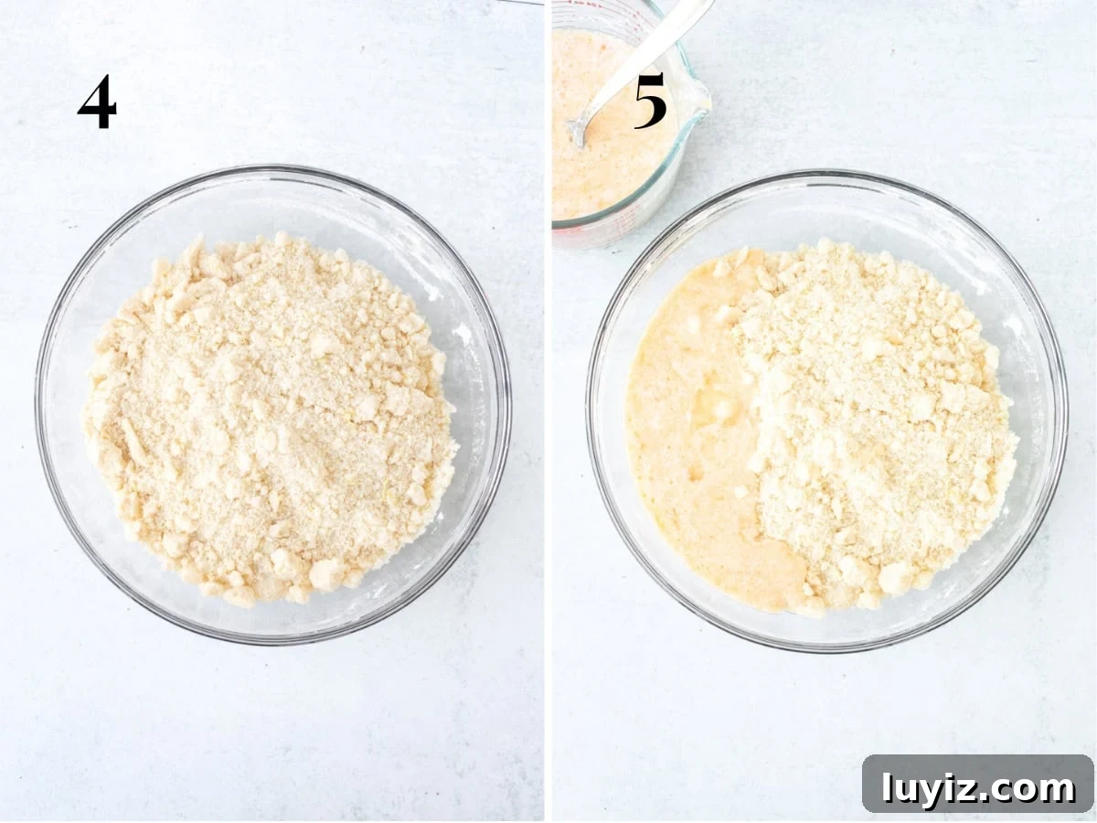Lemon Poppy Seed Cake with Cream Cheese Frosting Recipe 5 Bowl of butter mixed into dry ingredients, and bowl with 1/2 of wet ingredients added