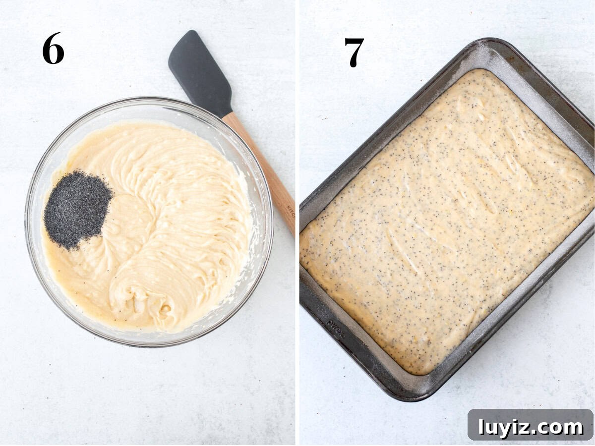 Lemon Poppy Seed Cake with Cream Cheese Frosting Recipe 6 Bowl of lemon cake batter with poppy seeds, and pan of unbaked lemon poppy seed cake