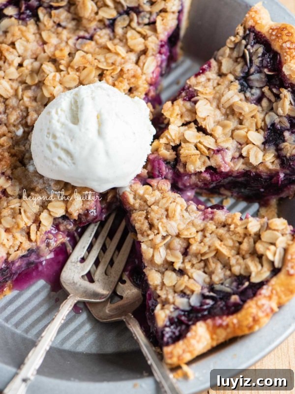 Moist Blueberry Bundt Cake with Lemon Glaze 11 Slices of blueberry crumble pie in pie plate with scoopy of ice cream in the center.