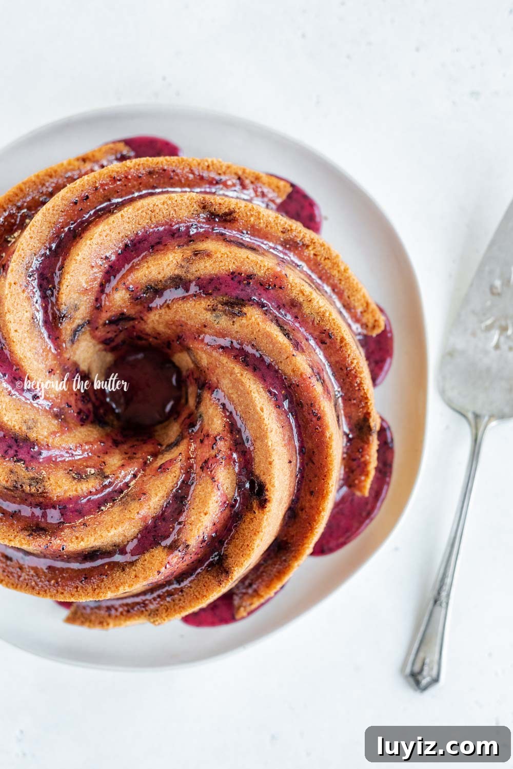 Moist Blueberry Bundt Cake with Lemon Glaze 8 Overhead image of super easy blueberry bundt cake recipe with blueberry glaze drizzled over the top | All Images © Beyond the Butter, LLC