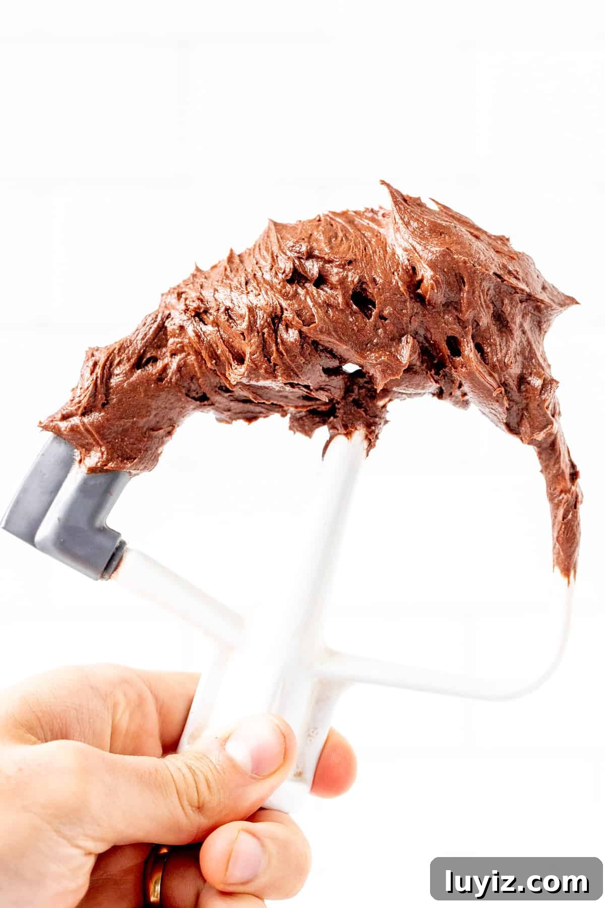 Perfect Chocolate Buttercream Frosting Recipe for Cakes 2 Kitchenaid beater covered in chocolate frosting