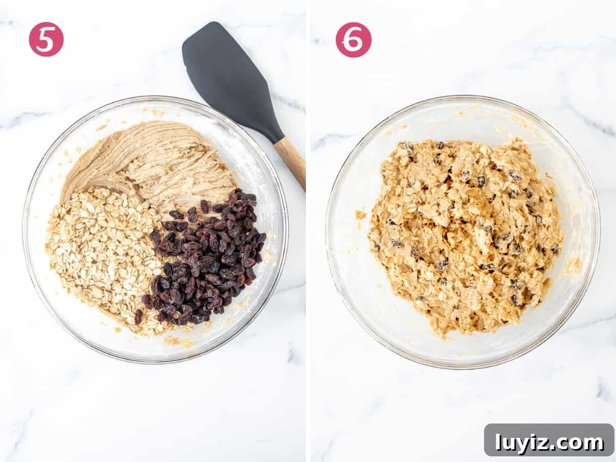 Chewy Oatmeal Raisin Cookie Recipe That Bakes Perfectly Every Time 7 Bowl of cookie dough with oats and raisins added in and bowl of oatmeal raisin cookie dough covered in plastic wrap.