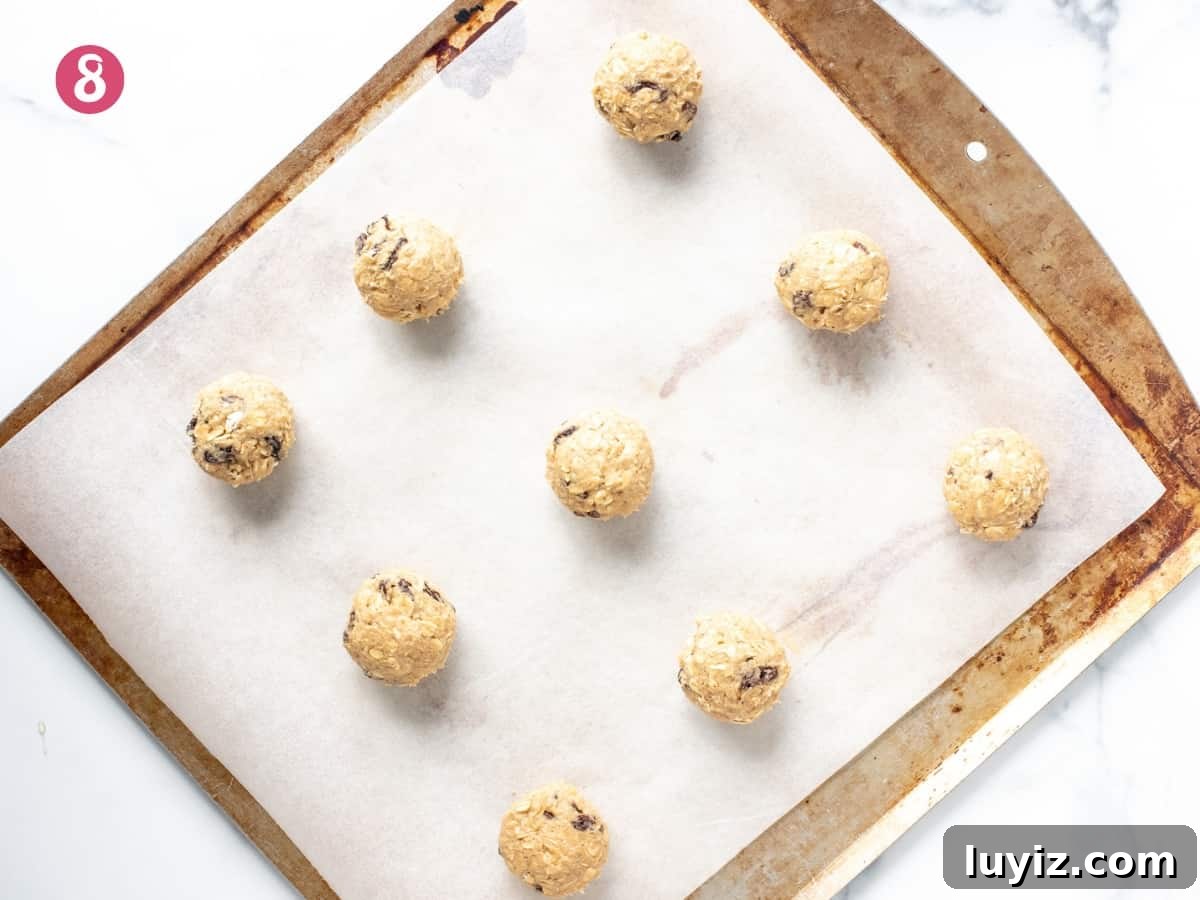 Chewy Oatmeal Raisin Cookie Recipe That Bakes Perfectly Every Time 8 Lined cookie sheet of oatmeal raisin cookie dough balls