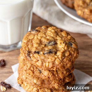 Chewy Oatmeal Raisin Cookie Recipe That Bakes Perfectly Every Time 10 Oatmeal raisin cookies, one on top of each other with glass of milk